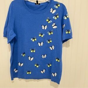 Talbots Blue Knit Sweater Sequins Butterfies